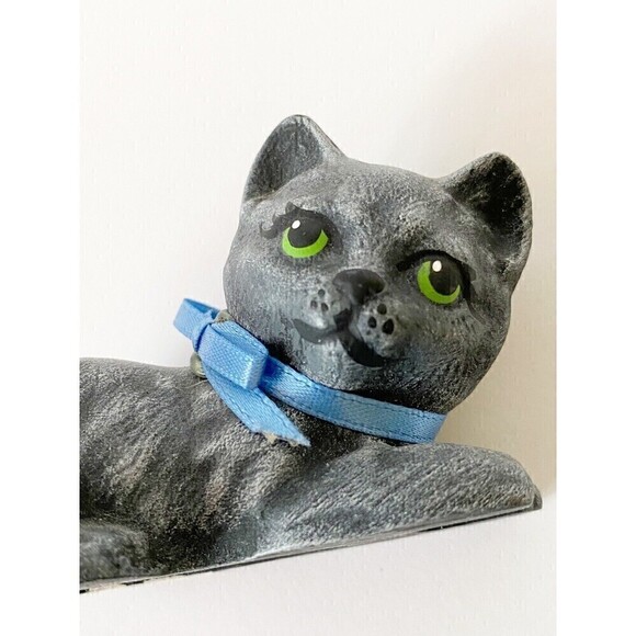 Spooky Black Kitty Cat Figurine Boy Kitten Green Eyes Blue Bow Small Halloween - Picture 5 of 7